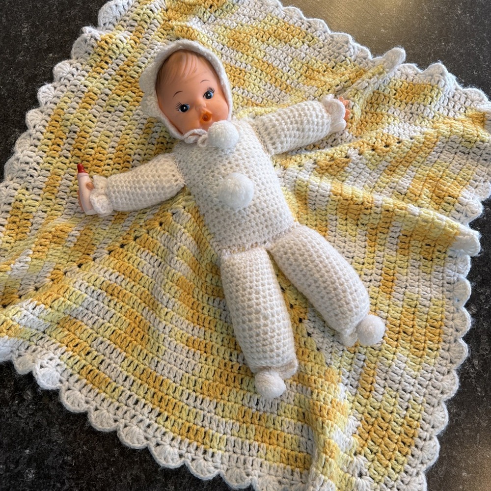 Vintage Plastic Doll With Bottle, crocheted blanket and body Brown Hair Blue Eye